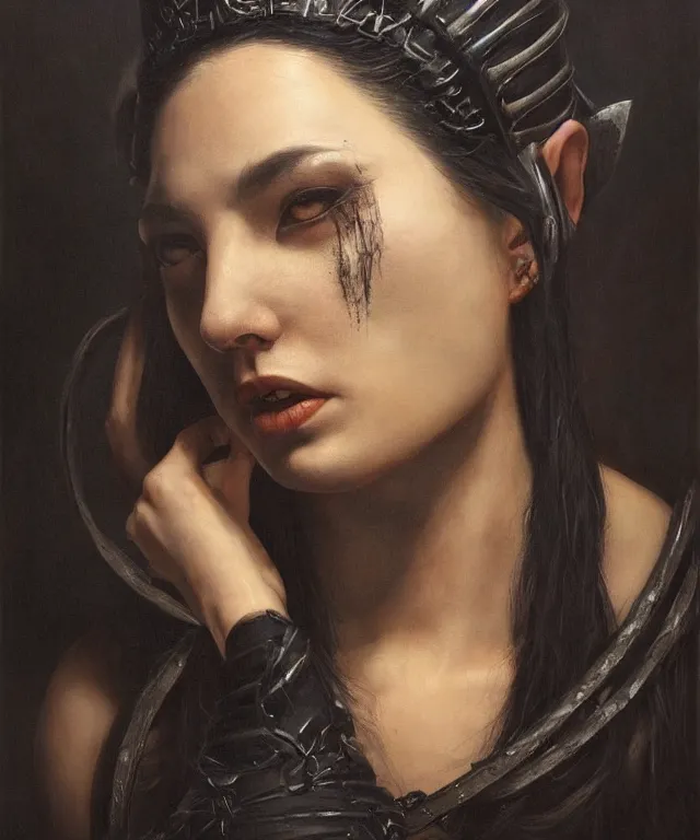 Image similar to the portrait of ( ( ( ( ( akali from league of legends ) ) ) ) ) in black wax crown by roberto ferri, dark fantasy, witcher, very detailed oil painting, masterpiece, 8 k