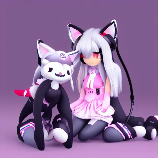 Image similar to cute fumo plush of a popstar wolf girl, anime girl, idol, headphones, tomboy, artstation, bubblegum pop, black and white, snowing, vray