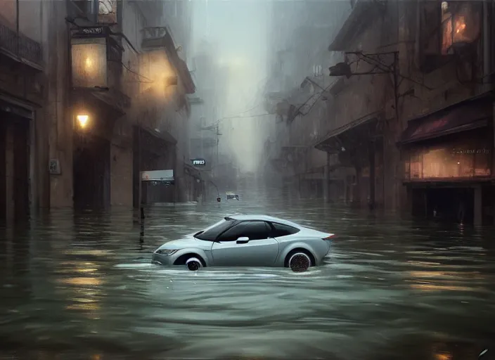 Image similar to a car driving through shallow water, flooded city, muted colors, hyperrealistic, oil painting, intricate, cgsociety, artstation, 8 k, cinematic, soft lighting, by greg rutkowski, by wlop, by artgerm