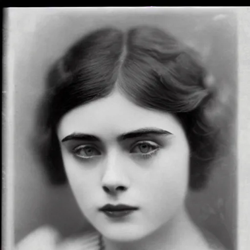 Prompt: headshot edwardian photograph of elle fanning, lily collins, alexandra daddario, 1 9 2 0 s film actress, realistic face, 1 9 1 0 s, grainy, victorian, detailed, soft blur