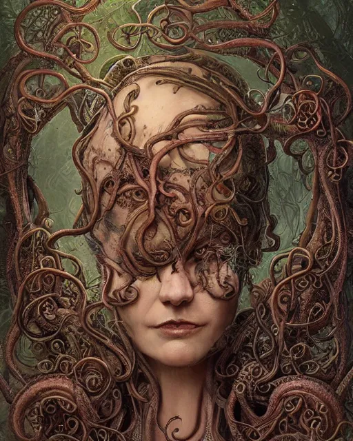 Prompt: centered beautiful detailed side view profile portrait of a dead, crazed, mad old woman, ornate tentacles growing around, ornamentation, thorns, vines, tentacles, elegant, beautifully soft lit, full frame, by wayne barlowe, peter mohrbacher, kelly mckernan, h r giger