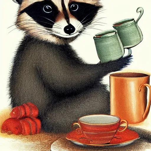 Image similar to raccoon with cup of tea by cozy fireplace, childrens book illustration, in the style of eric carle,