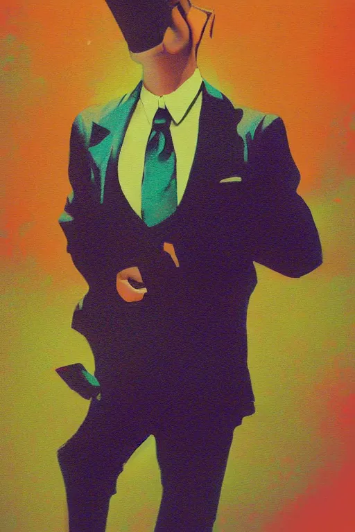 Image similar to a painting of a man wearing a suit and tie, a digital painting by Vladimir Tretchikoff, trending on Artstation, computer art, anaglyph filter, anaglyph effect, vaporwave