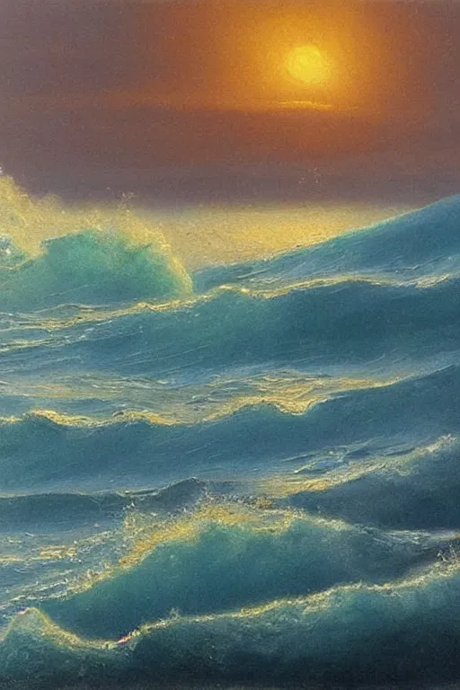 Image similar to very detailed seascape with big waves and sunset painted with oil paints in the style of Kuindzhi