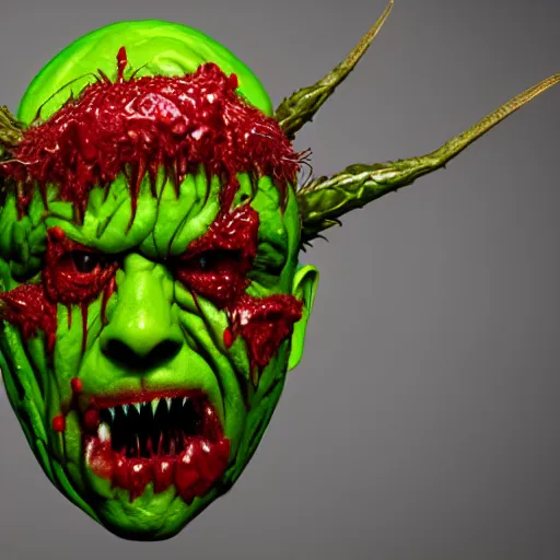 Image similar to a face made of brussels sprouts, horror, terrifying, demon, blood, pointy ears, 8 k, trending on artstation, 8 0 mm photography, hyperrealistic