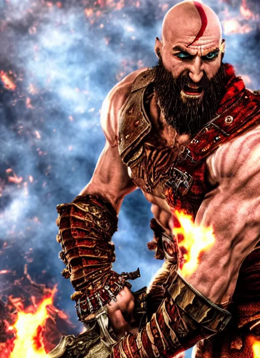 Image similar to muscular armored screaming kratos rocking out on a flaming stratocaster guitar, cinematic render, god of war 2 0 1 8, playstation studios official media, lightning, flames, left eye stripe, left eye stripe, left eye stripe, left eye stripe, clear, coherent