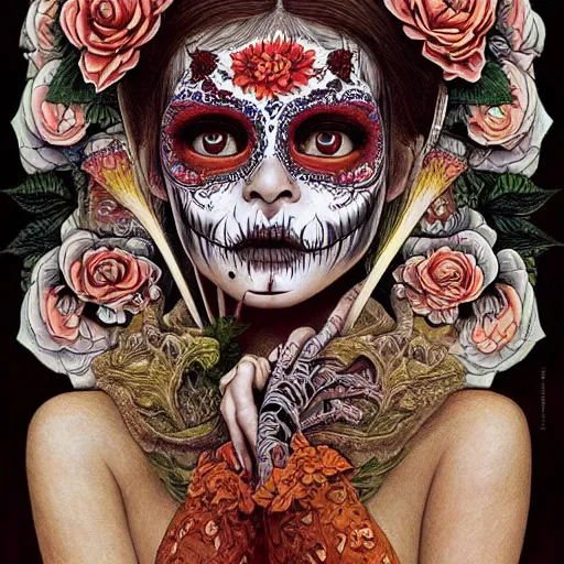 Prompt: beautiful portrait painted in jacek yerka and aykut aydogdu style drawn by vania zouravliov and takato yamamoto, inspired by dia de los muertos, intricate acrylic gouache painting, high detail, sharp high detail, artstation, manga and anime