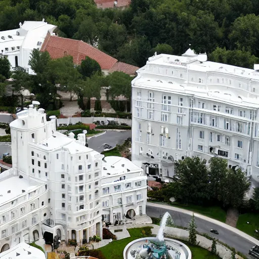 Image similar to a white grand hotel, with a hundred of windows, and a fountain at the yard of the hotel, satellite view photo