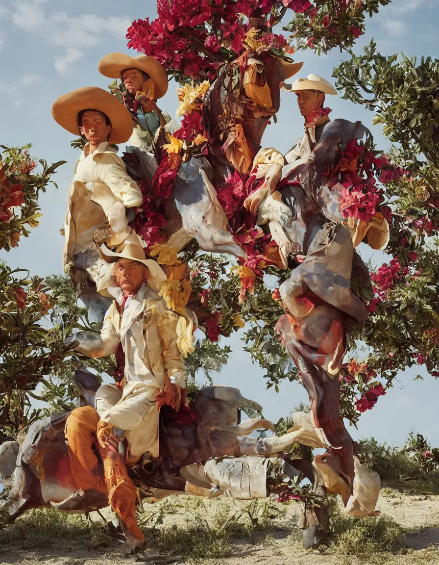 Prompt: a cowboy turning into blooms by slim aarons, by zhang kechun, by lynda benglis. tropical sea slugs, angular sharp tractor tires. complementary bold colors. warm soft volumetric dramatic light. national geographic. 8 k, rendered in octane, smooth gradients. by antonio canova by gian lorenzo bernini.