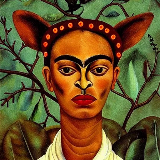 Prompt: a deer with the face of a woman, by frida kahlo