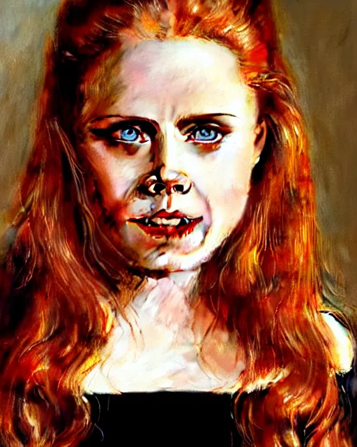 Image similar to style of tintoretto : : gorgeous vampire amy adams : : sharp teeth fangs, open mouth sneer : : symmetrical face, symmetrical eyes : : gorgeous red hair : : magic lighting, low spacial lighting : :