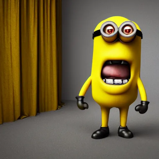 Image similar to a disfigured demented minion standing alone in a creepy room, scary, terror, horror, 3D render, blender render, octane render,