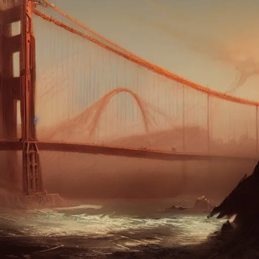 Prompt: post-apocalyptic desert city Los Angeles golden gate bridge, concept art, high fantasy, elegant, art station, pixiv, trending, editor’s pickup, by greg rutkowski, by Gustave Dore