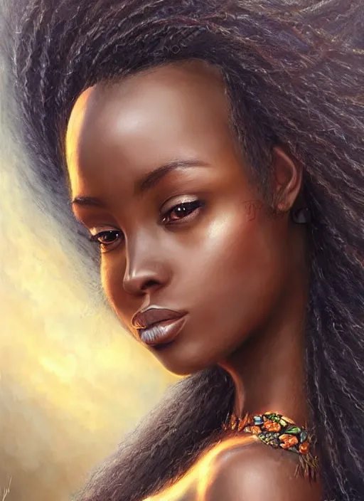 Image similar to a beautiful african woman, 8 k, hyperrealistic, hyperdetailed, beautiful face, long hair windy, dark fantasy, fantasy portrait by laura sava