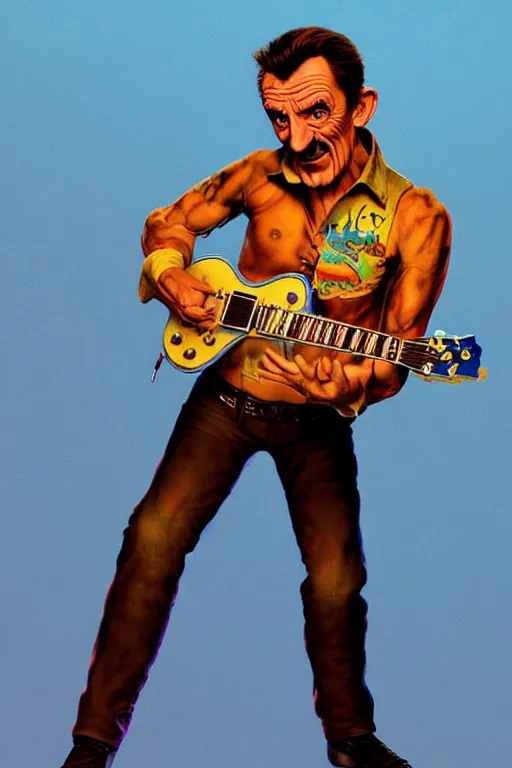 Image similar to barry chuckle ( shredding on a gibson les paul, art by frank frazetta and glenn fabry, and richard corben, 3 d rendering by beeple, 8 k )