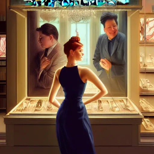 Image similar to portrait of holly golightly with michael mcintyre in a tiffany's shop, anatomy, bathed in light, highly detailed, photorealistic, artstation, smooth, sharp focus, illustration, unreal engine 5, 8 k, art by artgerm and greg rutkowski and edgar maxence