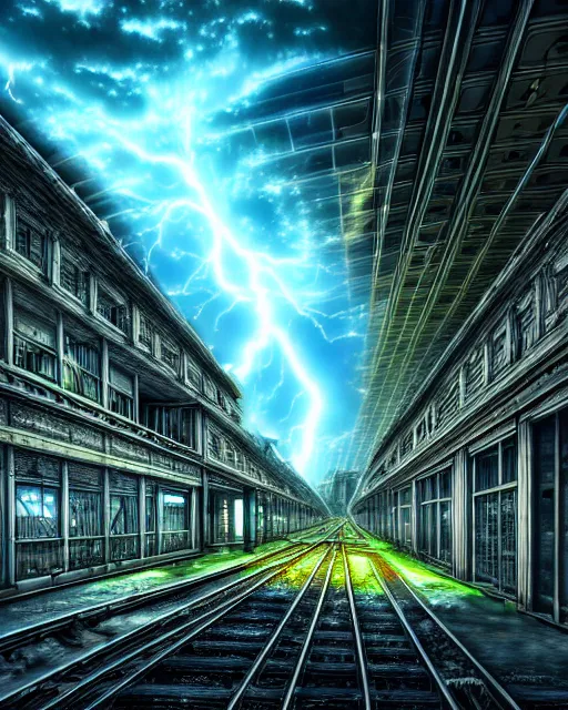 Image similar to a beautiful hyperdetailed anime illustration of railway abandoned city nature building architecture unfinished building by bernard tschumi, lightpaint dramatic lightning thermal vision architecture island tron matte painting reclaimed by nature uranus, archdaily, wallpaper, highly detailed, trending on artstation.