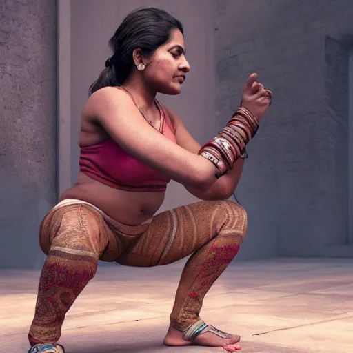 Image similar to indian woman doing squats, ultra realistic, concept art, intricate details, highly detailed, photorealistic, octane render, 8 k, unreal engine