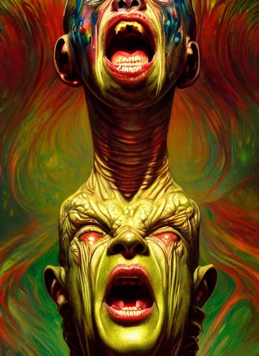 Image similar to masterpiece portrait of an screaming alien priest, surrounded by chromatic liquid swirls, psychedelic, dramatic lighting, h. r. giger, greg rutkowski, alphonse mucha, artgerm, donato giancola, tom bagshaw, trending on cgsociety, octane render, 8 k