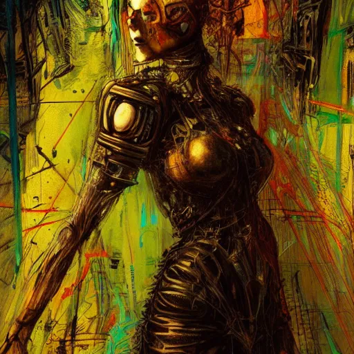 Image similar to woman wearing gown made of mech mask rendered in unreal engine, cyberpunk, rave, scifi, painted by albrecht durer | bernard buffet | carne griffiths | wlop