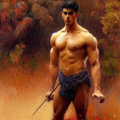 Image similar to Manu Rios with a muscular body type, painting by Gaston Bussiere, Craig Mullins