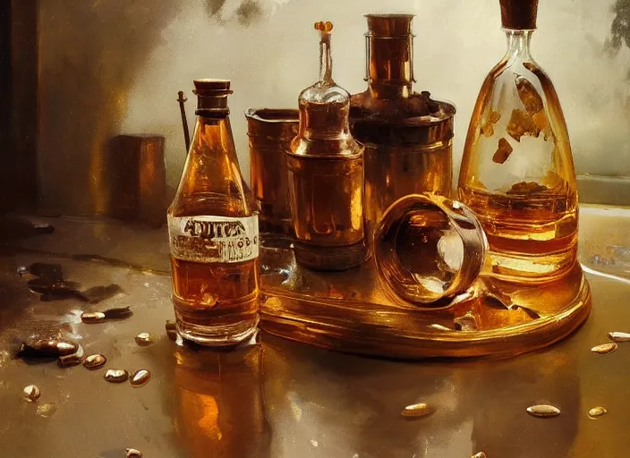 Image similar to oil painting of beautiful copper still, distillation, barley grains, plants and whiskey bottle, art by anders zorn, wonderful masterpiece by greg rutkowski, beautiful cinematic light, american romanticism by greg manchess, creation by tyler edlin