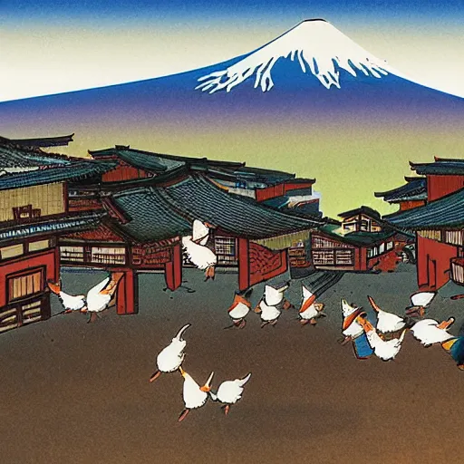 Image similar to Samurai chickens attack a village on the foothill of mount Fuji