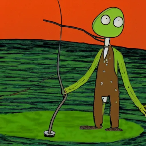 Image similar to salad fingers fishing in a green lake