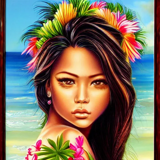 Image similar to portrait of a beautiful hawaiian girl, palm trees, flowers by anne stokes