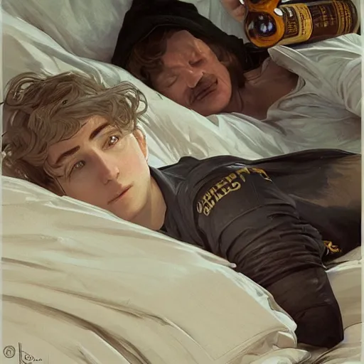 Prompt: young man in tinfoil hat and a girl sleeping in bed close to guinness bottles highly detailed, digital painting, artstation, concept art, smooth, sharp focus, illustration, art by artgerm and greg rutkowski and alphonse mucha