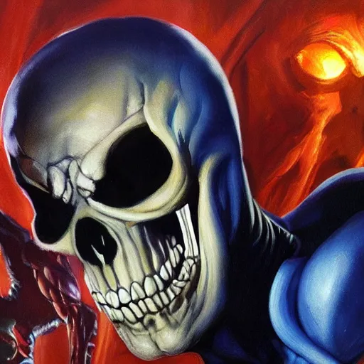 Image similar to ultra realistic portrait painting of skeletor as spider - man in spider - man remastered, art by frank frazetta, 4 k, ultra realistic, highly detailed, epic lighting