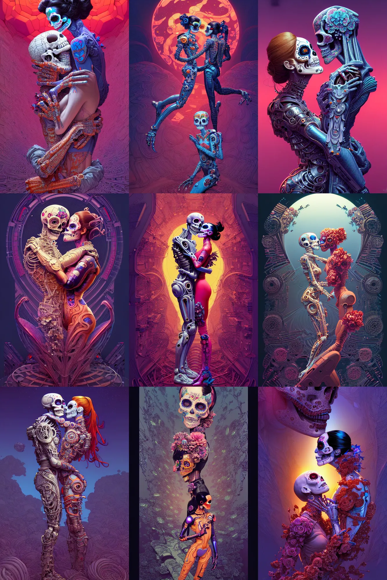 Prompt: the kiss, beautiful female android, highly detailed vfx, intricate detailed environment, scribble art, speed painting, global illumination, by james jean and moebius!! and artgerm and liam brazier and victo ngai and michelangelo and tristan eaton. detailed, vector art, digital illustration, concept art, dia de los muertos. 8 k, hdr