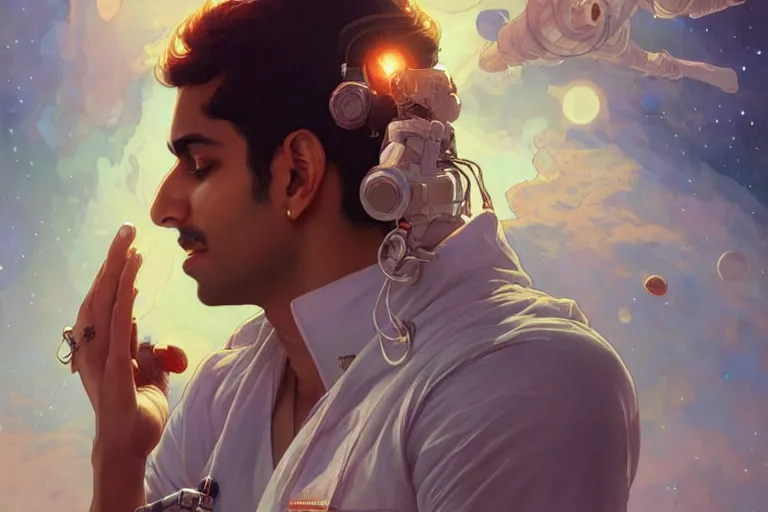 Image similar to Sensual good looking pale young Indian doctors wearing jeans in a space station above Earth, portrait, elegant, intricate, digital painting, artstation, concept art, smooth, sharp focus, illustration, art by artgerm and greg rutkowski and alphonse mucha