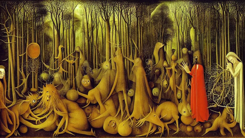 Image similar to a beautiful digital painting digital render of a forest full of strange creatures. remedios varo. hieronymus bosch. johfra bosschart