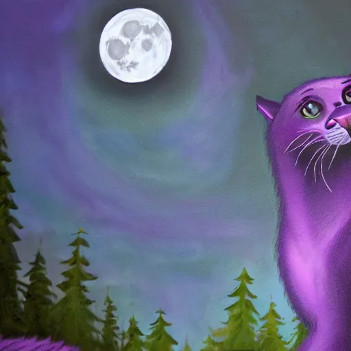 Image similar to closeup of a purple panther roaring at the moon in the forest. night. large moon in the center. cinematic. painting. concept art.