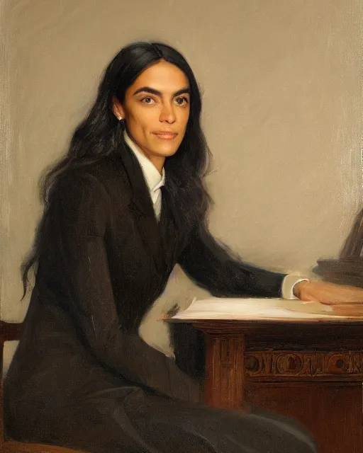 Prompt: official close - up portrait of the united states president, alexandria ocasio - cortez, resolute desk, 1 8 4 8, oil on canvas by william sidney mount, trending on artstation, national archives