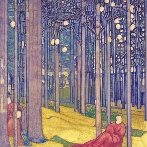 Image similar to elaborate, vivid by edward burne - jones, by charles gwathmey. a illustration of a beautiful landscape, delicate brushstrokes. peaceful & serene, with a gentle breeze blowing through the trees & flowers. colors are muted & gentle, calm & tranquility. well balanced & harmonious. color & composition, pleasing to the eye & calming to the soul.