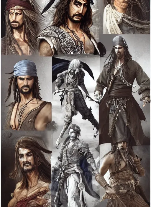 Image similar to detailed pencil spot illustrations of various character concepts from the prince of persia game and pirates of the caribbean movie, various poses, by burne hogarth, by bridgeman, by anthony ryder, by yoshitaka amano, by ruan jia, by conrad roset, by mucha, artstation, artstation.