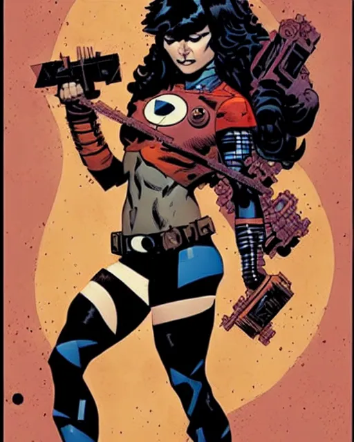 Image similar to mike mignola and sandra chevrier comic cover art, full body cute young lady, symmetrical eyes, bangs, rim lighting, vivid colors