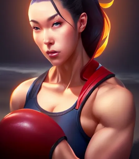 Prompt: beautiful portrait of a gorgeous personal trainer who looks like Chun Li , character design by charlie bowater, ross tran, artgerm, and makoto shinkai, detailed, soft lighting, rendered in octane