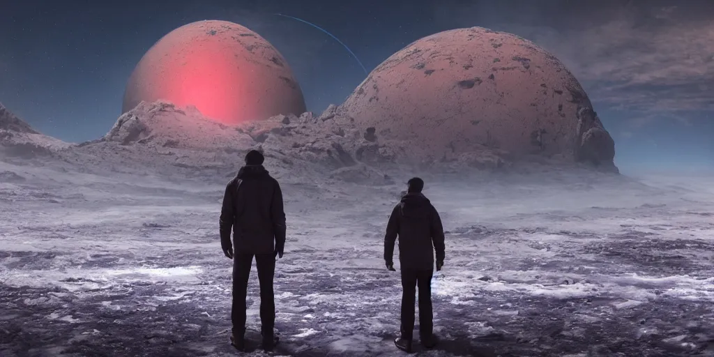 Image similar to a man standing in a icy planet looking to the sky at night, part of a red planet appearing in the sky, concept art, digital art, high quality, highly detailed, 8 k, octane render, unreal engine 5, trending on artstation, anatomically correct, five fingers, cinematic, high coherence, beautiful, hyperrealistic, serene landscape