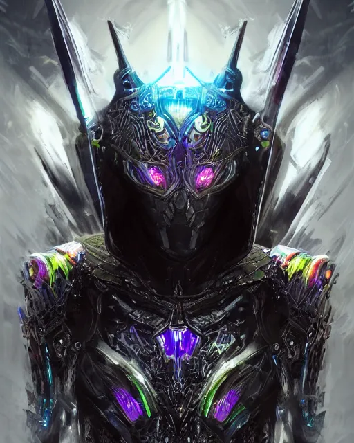 Prompt: the omnipotent assassin, vivid award winning digital artwork, intricate black sharp iridescent hooded semi - cybernetic armour, beautiful iridescent colors technology and weapon, long symmetric spikes, glowing face, detailed realistic, specular colors, ornate colored gems, character art by greg rutkowski and artgerm