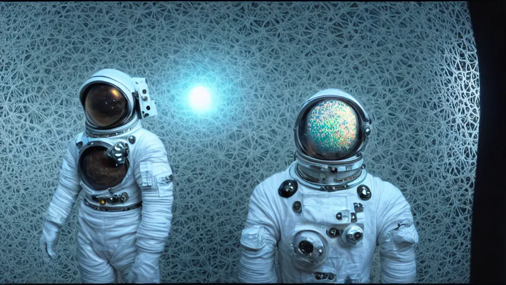 Image similar to a cybernetic symbiosis of a single astronaut eva suit made of wearing knitted yarn thread infected with diamond 3d fractal lace iridescent bubble 3d skin covered with insectoid compound eye camera lenses floats through the living room, film still from the movie directed by Denis Villeneuve with art direction by Salvador Dalí, wide lens,