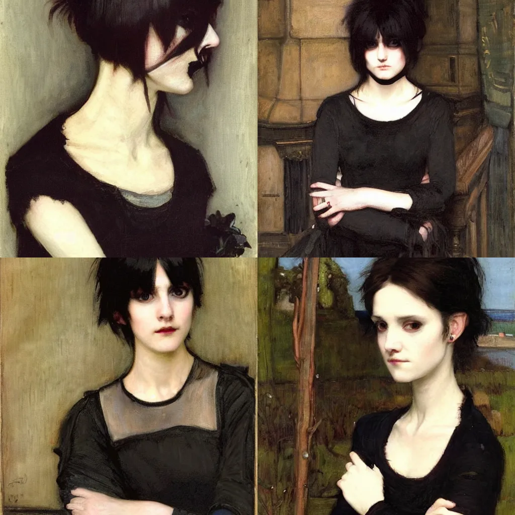 Prompt: a goth portrait painted by john william waterhouse. her hair is dark brown and cut into a short, messy pixie cut. she has a slightly rounded face, with a pointed chin, large entirely - black eyes, and a small nose. she is wearing a black tank top, a black leather jacket, a black knee - length skirt, a