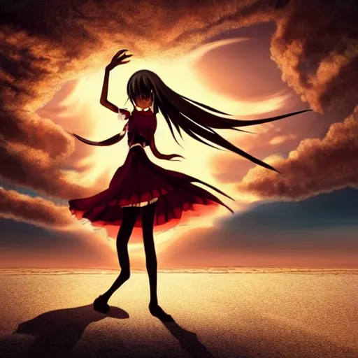 Image similar to anime style, vivid, expressive, full body, 4 k, painting, a cute magical woman with a long wavy black hair at beach, stunning, realistic light and shadow effects, centered, simple background, ikki tousen