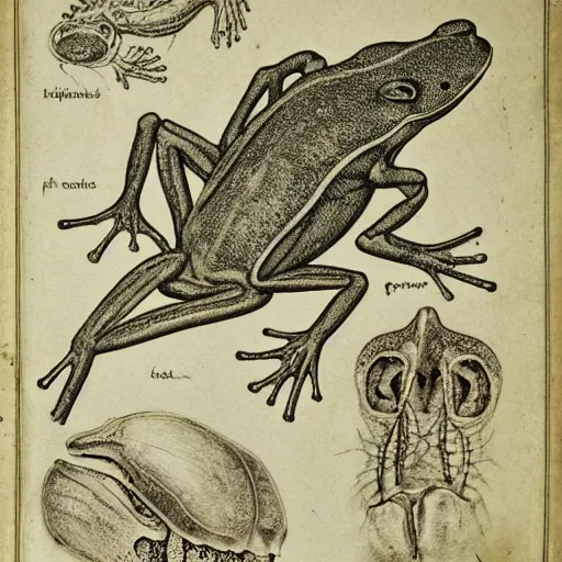 Prompt: an detailed anatomical diagram depicting the dissection of a frog. 15th century medical textbook. high quality etching.