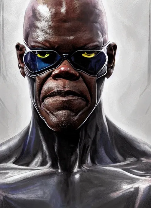 Prompt: samuel l. jackson as victor stone, full body concept, cyborg, borg, strogg, face of a man, terminator, flesh, quake strogg, doom demon, wolfenstein, monstrous, powerful, symmetry, symmetrical, concept art by ruan jia and greg rutkowski