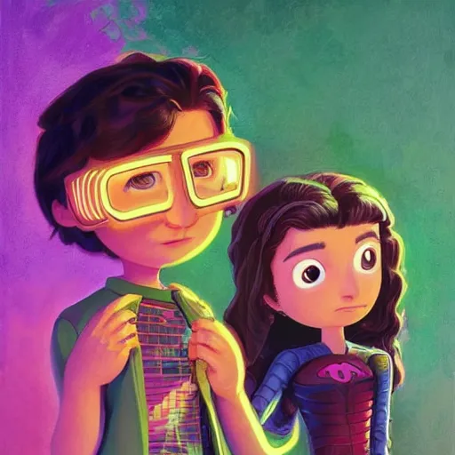 Image similar to a young man and woman with short wavy brown hair and glowing green eyes as a super hero duo, pixar cute, highly detailed, sharp focus, neon color, digital painting, artwork by Jeremiah Ketner + Mati Klarwein + Fintan Magee + Chris Mars, background artwork by greg rutkowski