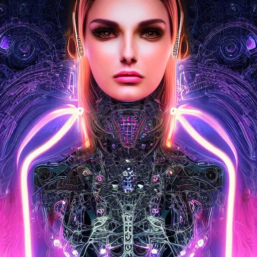 Prompt: very beautiful woman integrating with technology, full face frontal centered, portrait, insipiring, detailed intricate ornate cables connected to head, big alien dark eyes, luxurious detailed abundent wiring and implants, diamonds, ruby, sci - fi, neon, glow, lucious shinny hair, detailed background with cyber circuits, highly detailed, artstation, 8 k