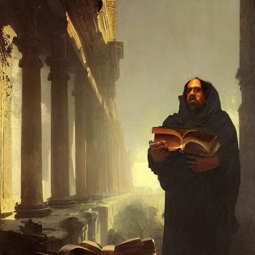 Prompt: half portait of magican wearing a cowl with big old book!, jeremy mann, jean leon gerome, tiepolo, alphonse mucha, greg rutkowski, face in the shadows, ( ( ruins of ancient rome ) ), at dusk, mysterious atmosphere, sunrays, dof, masterpiece, high detailed, 8 k